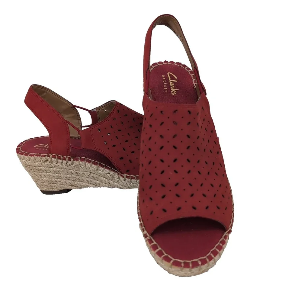 Clarks Artisan Petrina Selma Red Nubuck Perforated Espadrille Wedge Sandals 7M